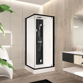 Cabina doccia idromassaggio quadrato PERLA 90 x 90 cm girevole + fisso, con Hammam e miscelatore termostatico nero e bianco