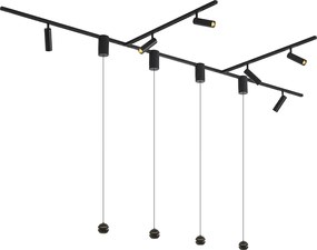Sistema di illuminazione a binario moderno nero con 6 faretti e 4 lampade a sospensione Easylift monofase - Slimline Uzzy Tira