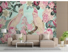 Carta Da Parati, Pappagalli rosa shabby chic  Dimensioni 100x70, Finitura Carta da Parati Effetto Liscio, Tipo di Carta da Parati Fliselina