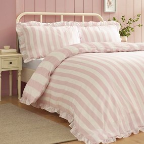 Set copripiumino e federa rosa per letto matrimoniale 3 pezzi 200x200 cm Seersucker Frill Stripe – Catherine Lansfield