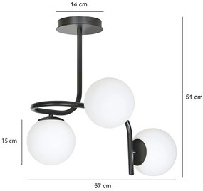 Lampadario 3 Luci Rama In Acciaio Nero A Bracci E Sfere In Vetro Opalino