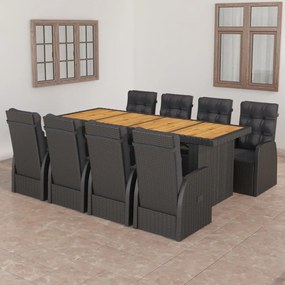 Set da pranzo da giardino 9 pz con cuscini in polyrattan nero