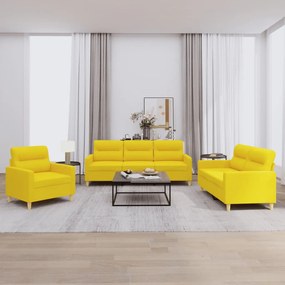 Set di divani 3 pz con cuscini giallo chiaro in tessuto