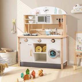 Costway Cucina giocattolo per bambini con forno a microonde e lavatrice in legno, Set da cucina per giochi di finzione