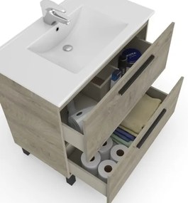 Mobile Bagno Completo Di Lavabo In Ceramica E Specchio Athena 80 Cm 2 Cassetti Rovere Alaska