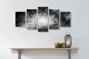 Quadri 5 pezzi – Mandala con sfondo galassia in bianco e nero