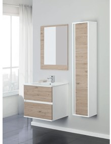 Mobile Bagno Sospeso 60 Cm Due Cassetti Specchio Su Pannello 60x80 Cm Feridras "Fabula" Bianco/ Rovere Di Bordeaux