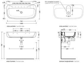 Ceramica Flamininia Mono lavabo 100x48 da appoggio o sospeso senza troppopieno predisposto sette fori in ceramica bianco