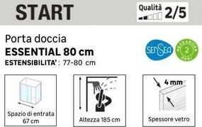 Porta doccia battente L 77-80 cm x H 185 cm per nicchia in vetro serigrafato SP. 4 mm, profilo lucido bianco, serie Essential