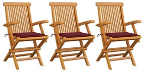 Sedie giardino con cuscini rosso vino 3 pz legno massello teak