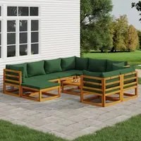 Set Salotto da Giardino 10pz con Cuscini Verdi Legno Massello 3155323