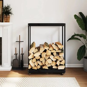 Portalegna Con Ruote Nero 76,5x40x108 Cm Legno Massello Pino /