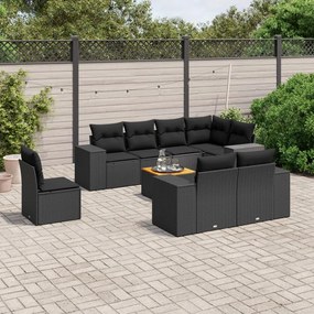 Set divani da giardino 9 pz con cuscini nero in polyrattan