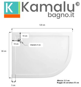 Kamalu - Piatto doccia 120x90 semicircolare versione sinistra KAM-1200