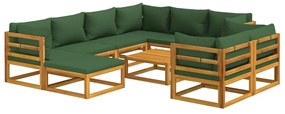 Set salotto da giardino 10pz con cuscini verdi legno massello