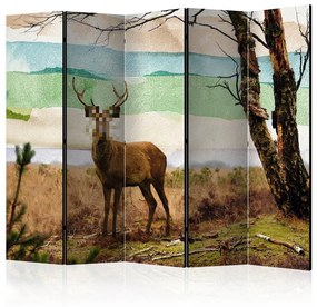 Paravento design Intruso nella foresta II (5 części) - cervo, sfondo paesaggistico
