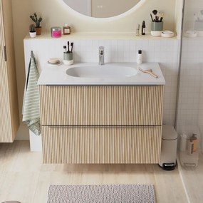 Mobile bagno sospeso Neo Groove L 91 x H 68 x P 49 cm, 2 cassetti con maniglia cromo, lavabo in resina con vasca centrale Icone incluso, rovere naturale cannettato