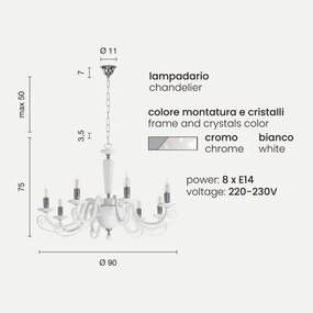 Lampada a sospensione CHERUBINI in vetro e cristallo ottico 8 luci BIANCO