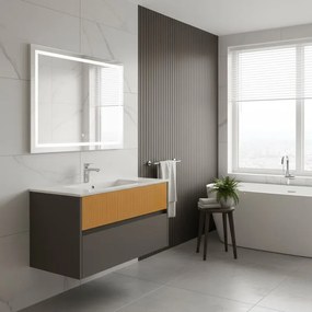 Mobile da bagno sospeso sotto lavabo Niwa 2 cassetti L 89.5 x H 50 x P 45.5 cm grigio e senape cannettato