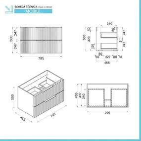 Mobile bagno sospeso 80 cm grigio cannettato con lavabo e specchio tondo Zena