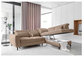 Divano angolare marrone chiaro allungabile/con contenitore (con penisola a destra/a L) e rivestimento in velluto Noble – ELTAP