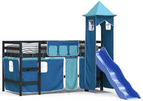 Letto a soppalco con torre bambini blu 80x200cm massello pino
