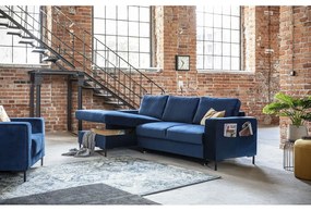 Divano letto angolare in velluto blu navy, angolo sinistro Lofty Lilly - Miuform