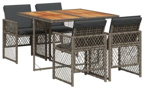 Set da pranzo da giardino 5 pz con cuscini in polyrattan grigio