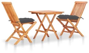 Set da Bistrot 3 pz con Cuscini Antracite in Massello di Teak