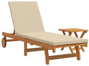 Lettino prendisole con tavolo e cuscino in legno massello di acacia