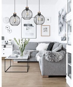 Lampadario 3 Luci Morgana Paralumi A Gabbia In Acciaio Nero E Legno Naturale