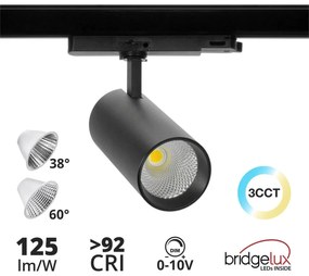 Faro LED 40W Dimmerabile 0-10V per Binario Trifase 38/60° Nero CCT Colore Bianco Variabile CCT