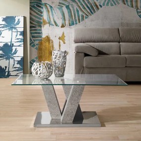 Tavolino da salotto in vetro con base legno cemento - YURI
