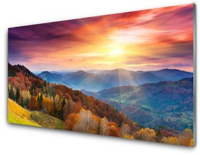 Quadro acrilico Paesaggio del sole della montagna della foresta 100x50 cm
