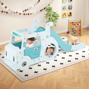 Costway Scivolo per bambini 18 mesi+ 3-in-1 con casa giocattolo a forma di autobus corrimano rialzati, Set di gioco interno Blu