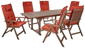 Set da giardino con 6 sedie legno di acacia scuro con cuscini rossi AMANTEA Beliani