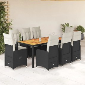 Set bistrò da giardino 9 pz con cuscini in polyrattan nero