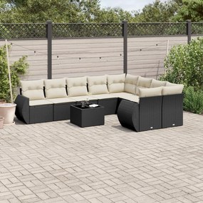 Set divani da giardino 10pz con cuscini in polyrattan nero