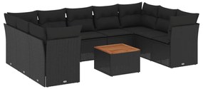 Set Divani da Giardino 10pz con Cuscini in Polyrattan Nero