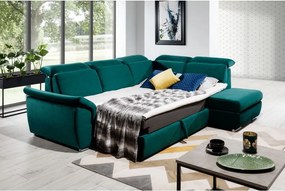 Divano angolare verde allungabile/con contenitore (con penisola a destra/a L) e rivestimento in velluto Loreto – ELTAP