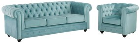 Divano CHESTERFIELD 3 posti e poltrona in velluto Azzurro pastello