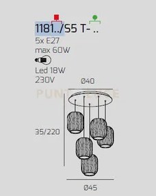 Sospensione ottone sat. 5 luci tonda vetri trasparente 1181os-s5 t-tr