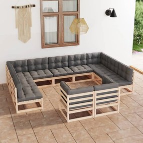 Set divani da giardino 11 pz con cuscini legno massello di pino