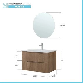 Mobile bagno sospeso 80 rovere cannettato doppi cassetto lavabo e specchio Wise