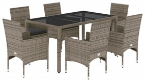 Set da pranzo da giardino 7 pz con cuscini polyrattan e vetro