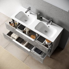 Mobile Bagno 120cm a Terra Con Lavabo doppia Vasca, Tre Cassetti e Specchio