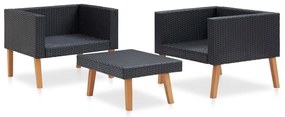 Set divani da giardino 3 pz con cuscini in polyrattan nero