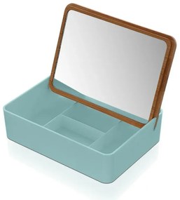 Organizer trucchi in plastica turchese completo di specchio con dettagli in bambù