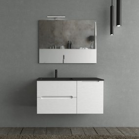 Mobile Bagno Sospeso Cannettato 100 Cm Due Cassetti Un'Anta Lavabo a Sx Specchio Con Lampada Led 70x100 Cm AdattoCasa "Rigo" Bianco Neve/Nero Opaco