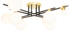 Plafoniera Art Déco nera con oro e vetro opalino 8 luci - Lynn